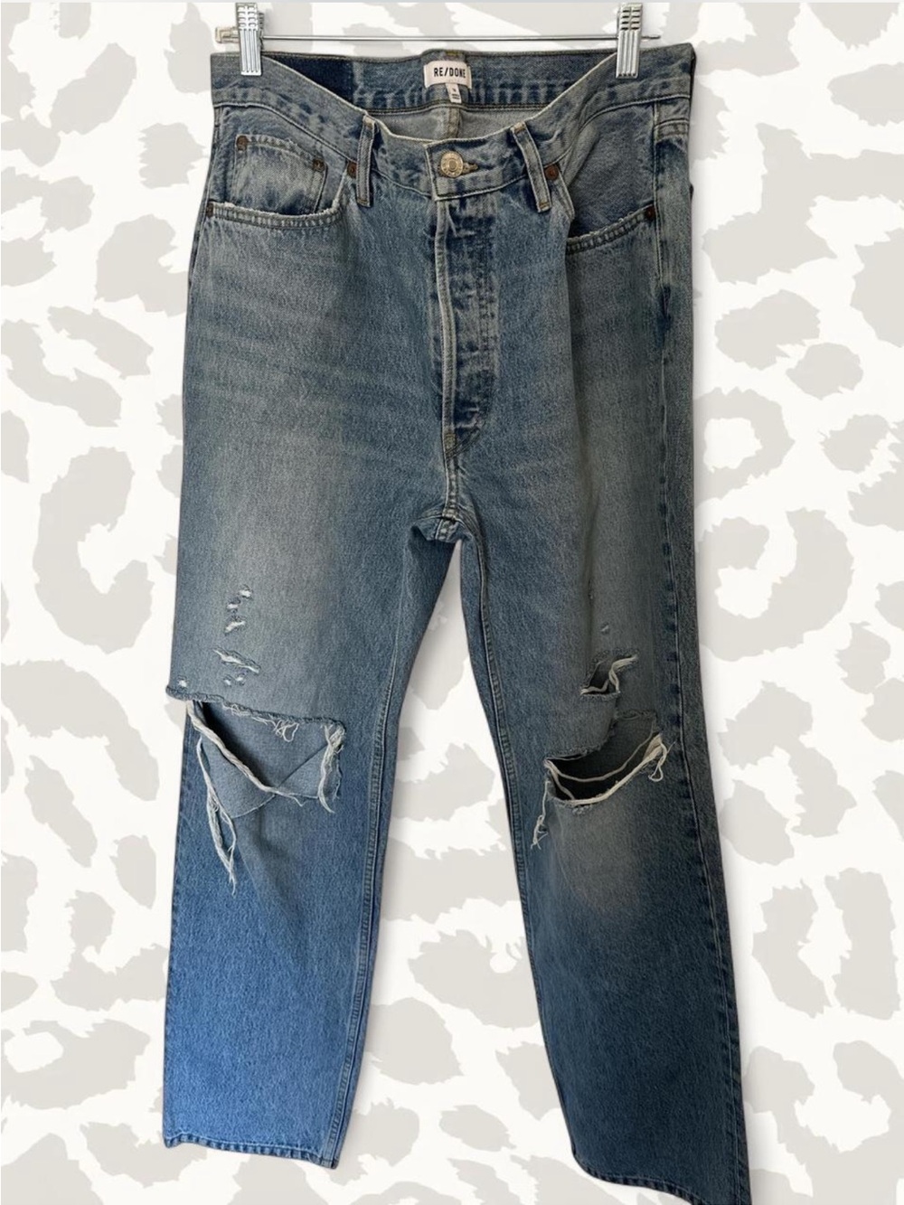 Re/Done Distressed Mid-Blue Slim Straight Jeans
